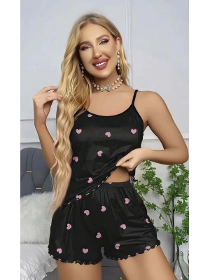 Kadın Siyah Kalp Desenli Askılı Şortlu Gecelik Takım 5018
