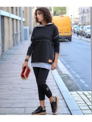 Kadın Siyah Kapşonlu Etek Ucu Detay Arma Ters Dikiş Gorunumlu Ikili Takım