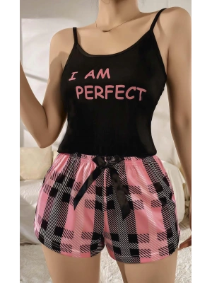 Kadın Siyah Kare Desenli Askılı Şortlu Pijama Takım 5012