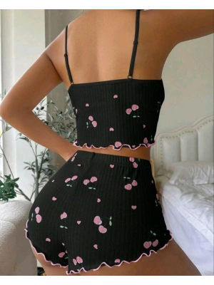 Kadın Siyah Kiraz Desenli Seksi Gecelik Takım 9003