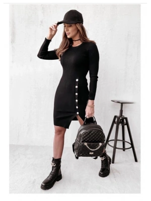 Kadın Siyah Uzun Kollu Bisiklet Yaka Yan Yırtmaç Düğme Detay Kısa Kaşkorse Elbise