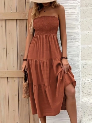 Kadın Straplez Göğüsten Lastikli Kloş Aerobin Uzun Elbise