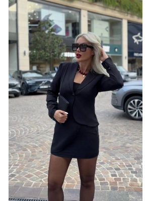 Kadın Tek Düğme Detaylı Ceket Mini Etek Ikili Takım