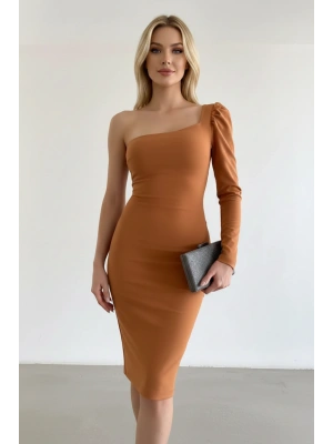 Kadın Tek Kol Midi Boy Krep Kumaş Elbise