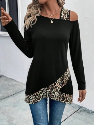 Kadın Tek O Uzdan Açık Askılı Uzun Kollu Leopar Detaylı Viskon Bluz