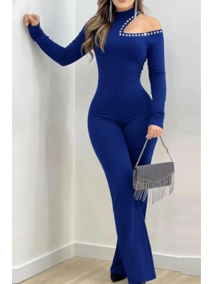 Kadın Tek Omuzdan Açık Balıkçı Yaka Taş Detaylı Uzun Ithal Krep Tulum