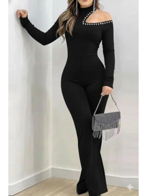 Kadın Tek Omuzdan Açık Balıkçı Yaka Taş Detaylı Uzun Ithal Krep Tulum