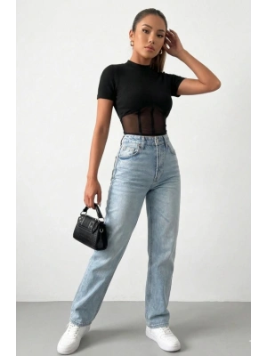 Kadın Transparan Detay Kısa Kol Kaşkorse Bluz