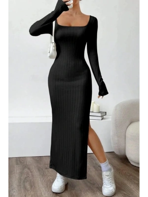 Kadın Trend U Yaka Yırtmaçlı Uzun Kol Kalın Fitili Elbise