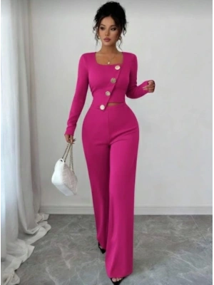 Kadın Uzun Kol Kare Yaka Asimetrik Düğme Detay Bluz Ve Yüksek Bel Pantolon Ikili Takım