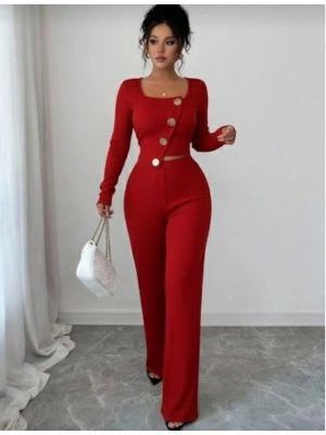 Kadın Uzun Kol Kare Yaka Asimetrik Düğme Detay Bluz Ve Yüksek Bel Pantolon Ikili Takım