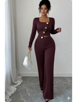 Kadın Uzun Kol Kare Yaka Asimetrik Düğme Detay Bluz Ve Yüksek Bel Pantolon Ikili Takım