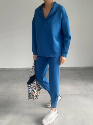 Kadın Uzun Kol V Yaka Kapüşon Detay Sweat Ve Yüksel Bel Eşofman Ikili Takım