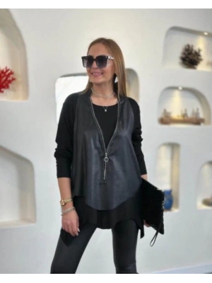 Kadın Uzun Kollu Asimetrik Kesim Viskon Bluz Ve çatlak Deri Görünümlü Yelek Ikili Takım