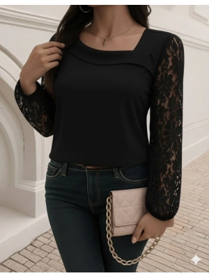 Kadın Uzun Kollu Asimetrik Yakalı Dantelli Ithal Krep Bluz