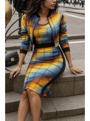 Kadın Uzun Kollu Askılı Yuvarlak Yaka Desenli Dalgıç Bluz Ceket Ve Etek üçlü Takım