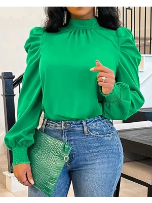 Kadın Uzun Kollu Balıkçı Yaka Arkadan Bağlamalı Omuzlardan Balon Ithal Krep Bluz