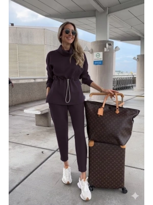 Kadın Uzun Kollu Balıkçı Yaka Belden Lastikli Modal Bluz Ve Pantolon Ikili Takım