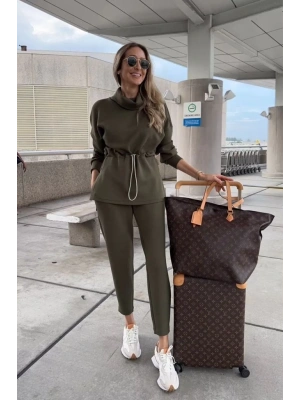 Kadın Uzun Kollu Balıkçı Yaka Belden Lastikli Modal Bluz Ve Pantolon Ikili Takım