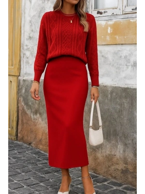 Kadın Uzun Kollu Balıkçı Yaka Bluz Ve Etek Ikili Triko Takım