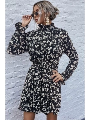 Kadın Uzun Kollu Balıkçı Yaka çiçek Baskılı Helen Kumaş Elbise