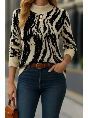 Kadın Uzun Kollu Balıkçı Yaka çok Renkli Triko Bluz