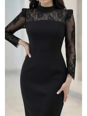 Kadın Uzun Kollu Balıkçı Yaka Dantel Detaylı Midi Ithal Krep Elbise