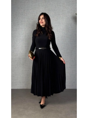 Kadın Uzun Kollu Balıkçı Yaka Kemersiz Pileli Uzun Sandy Elbise