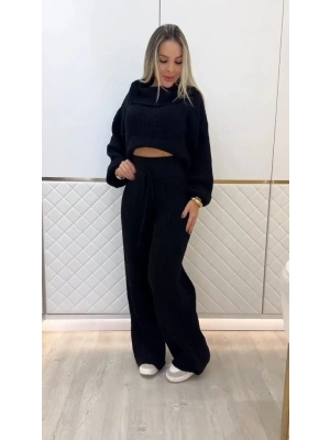 Kadın Uzun Kollu Balıkçı Yaka Kısa Triko Bluz Ve Pantolon Ikili Takım