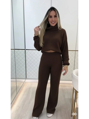 Kadın Uzun Kollu Balıkçı Yaka Kısa Triko Bluz Ve Pantolon Ikili Takım