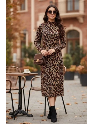 Kadın Uzun Kollu Balıkçı Yaka Leopar Desenli Midi Boy Elbise