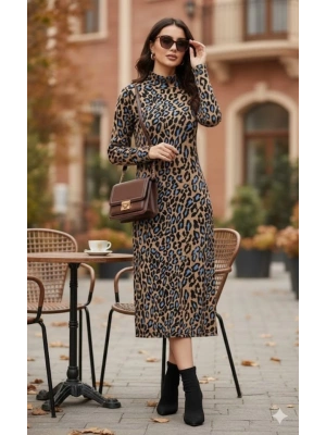 Kadın Uzun Kollu Balıkçı Yaka Leopar Desenli Midi Boy Elbise