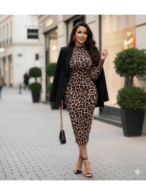 Kadın Uzun Kollu Balıkçı Yaka Leopar Desenli Midi Boy Elbise