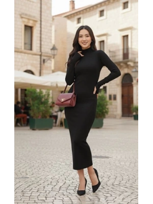 Kadın Uzun Kollu Balıkçı Yaka Midi Boy Elbise