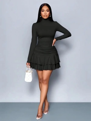 Kadın Uzun Kollu Balıkçı Yaka Mini Fırfırlı Sandy Elbise