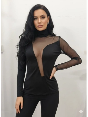 Kadın Uzun Kollu Balıkçı Yaka önü Asimetrik Transparan Detay Bluz