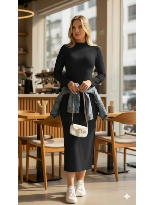 Kadın Uzun Kollu Balıkçı Yakalı Yanlardan Yırtmaçlı Kaşkorse Maxi Elbise