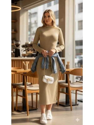 Kadın Uzun Kollu Balıkçı Yakalı Yanlardan Yırtmaçlı Kaşkorse Maxi Elbise