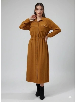Kadın Uzun Kollu Beli Lastik Ve Düğme Detay Gömlek Elbise