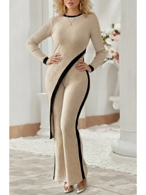 Kadın Uzun Kollu Bisiklet Yaka Asimetrik Kesim Bluz şardonlu Kaşkorse Bluz Ve Pantolon Ikili Takım