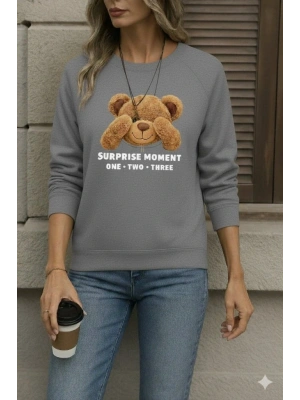 Kadın Uzun Kollu Bisiklet Yaka Ayıcık Desenli Viskon Iki Iplik Bluz