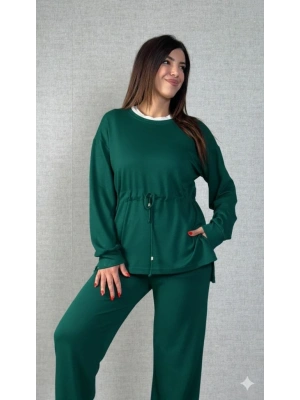 Kadın Uzun Kollu Bisiklet Yaka Belden Büzgülü Bağcıklı Viskon Iki Iplik Bluz Ve Pantolon Ikili Takım