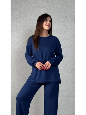 Kadın Uzun Kollu Bisiklet Yaka Belden Büzgülü Bağcıklı Viskon Iki Iplik Bluz Ve Pantolon Ikili Takım