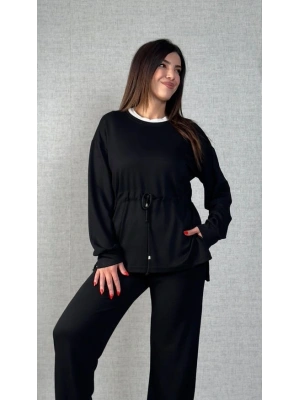 Kadın Uzun Kollu Bisiklet Yaka Belden Büzgülü Bağcıklı Viskon Iki Iplik Bluz Ve Pantolon Ikili Takım