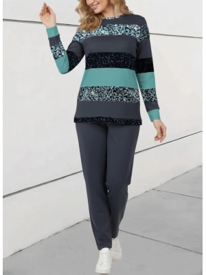 Kadın Uzun Kollu Bisiklet Yaka çizgili Desen Iki Iplik Bluz Ve Pantolon Ikili Takım