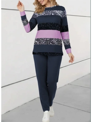 Kadın Uzun Kollu Bisiklet Yaka çizgili Desen Iki Iplik Bluz Ve Pantolon Ikili Takım