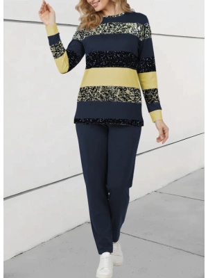 Kadın Uzun Kollu Bisiklet Yaka çizgili Desen Iki Iplik Bluz Ve Pantolon Ikili Takım