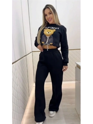 Kadın Uzun Kollu Bisiklet Yaka Desenli Iki Iplik şardonlu Bluz Ve Pantolon Ikili Takım