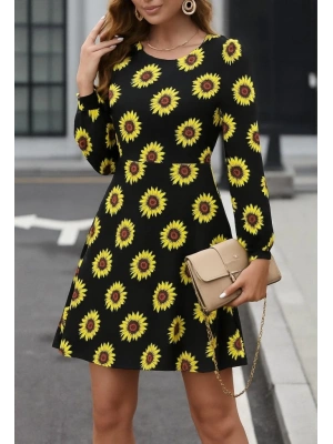 Kadın Uzun Kollu Bisiklet Yaka Desenli Kısa Krep Elbise