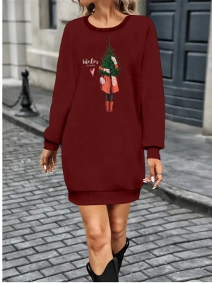 Kadın Uzun Kollu Bisiklet Yaka Desenli Kısa Viskon Iki Iplik Elbise